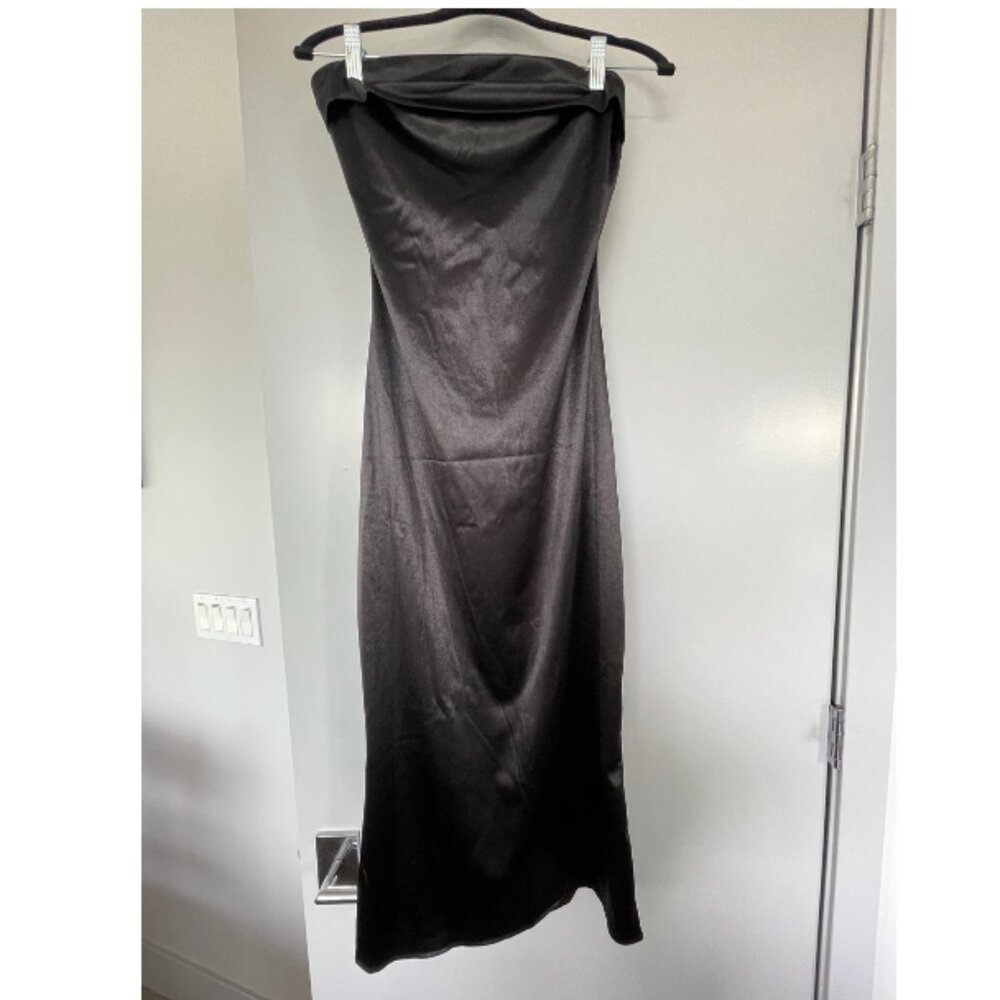 Satin Black Strapless Midi Dress (New Without Tags)